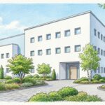 Hand-drawn illustration of a modern biotech research campus building with landscaped entrance