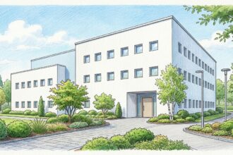 Hand-drawn illustration of a modern biotech research campus building with landscaped entrance