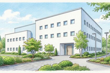Hand-drawn illustration of a modern biotech research campus building with landscaped entrance