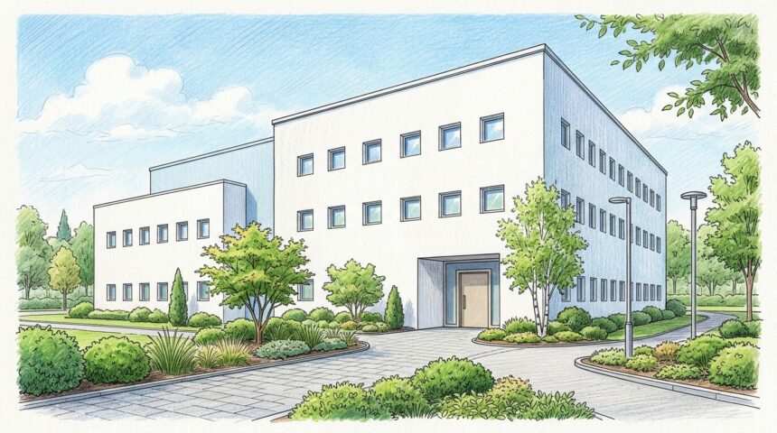 Hand-drawn illustration of a modern biotech research campus building with landscaped entrance