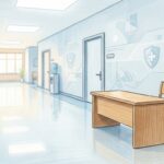Hand-drawn illustration of a bright state government office hallway with a plain wooden desk
