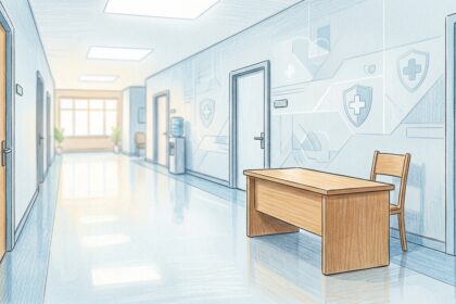 Hand-drawn illustration of a bright state government office hallway with a plain wooden desk