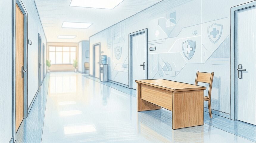 Hand-drawn illustration of a bright state government office hallway with a plain wooden desk