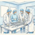 Cleanroom engineers inspecting orthopedic implants in a spinal device plant