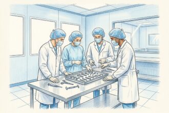 Cleanroom engineers inspecting orthopedic implants in a spinal device plant