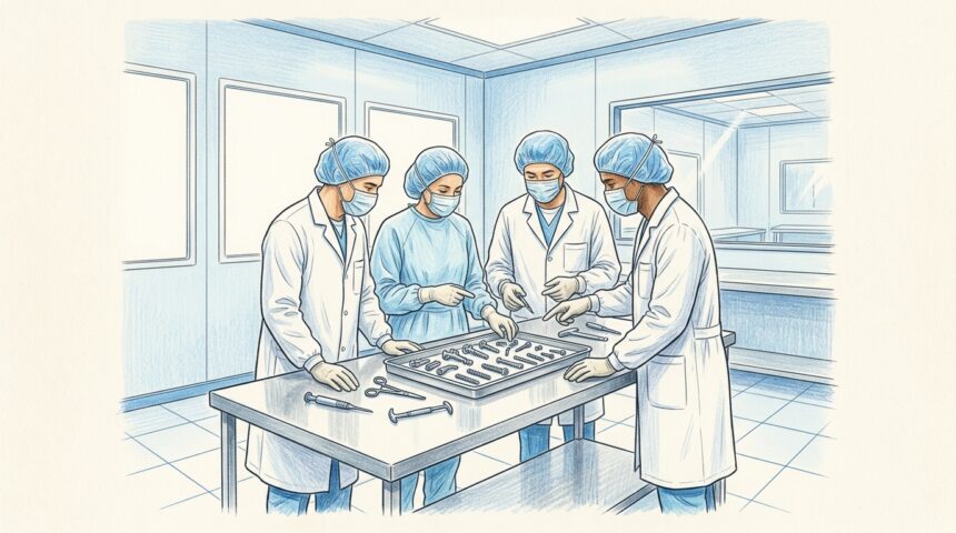 Cleanroom engineers inspecting orthopedic implants in a spinal device plant