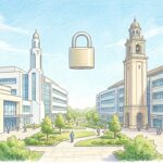 Two hospital campuses with a padlock floating between them