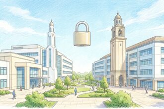 Two hospital campuses with a padlock floating between them