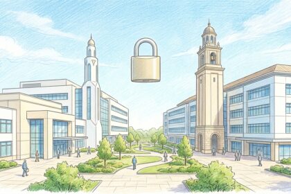 Two hospital campuses with a padlock floating between them