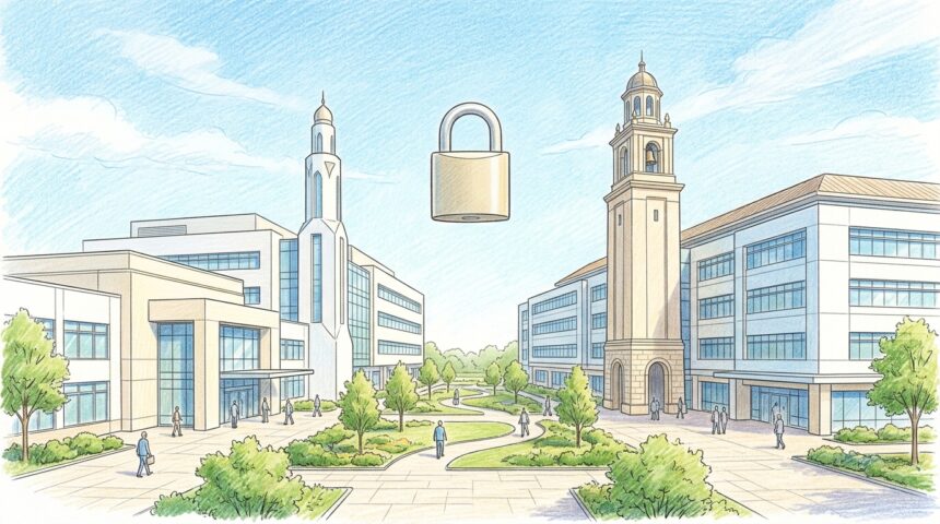 Two hospital campuses with a padlock floating between them