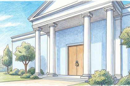 Classical medical association headquarters with a padlock on the door
