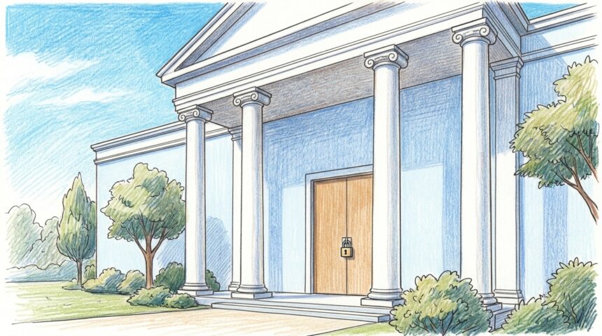 Classical medical association headquarters with a padlock on the door