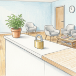 Clinic reception desk with a padlock on the counter