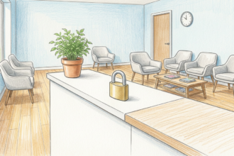 Clinic reception desk with a padlock on the counter