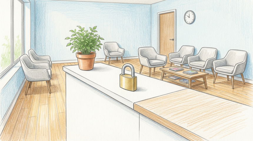 Clinic reception desk with a padlock on the counter