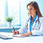 Physician reading a blank notepad at a desk