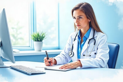 Physician reading a blank notepad at a desk