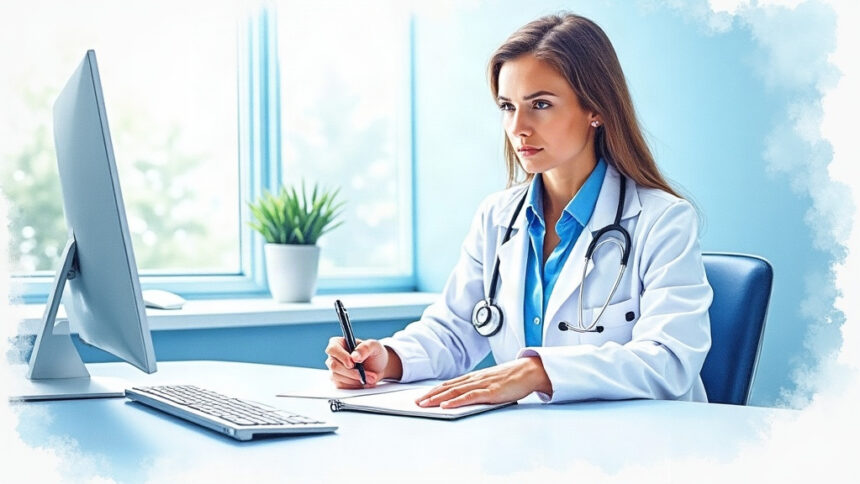 Physician reading a blank notepad at a desk