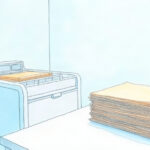 Medical office administrative room with folders and a trash bin