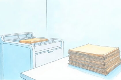 Medical office administrative room with folders and a trash bin