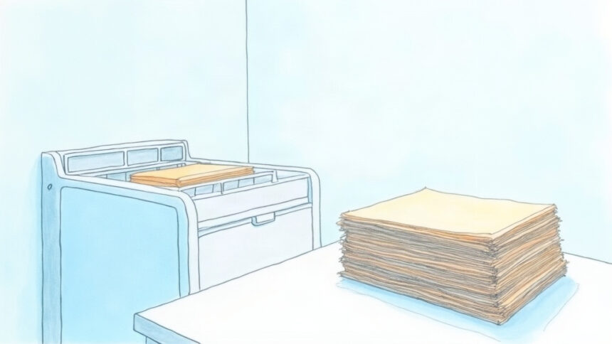 Medical office administrative room with folders and a trash bin