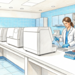 Technician at a row of blank benchtop analyzers in a bright hospital clinical laboratory