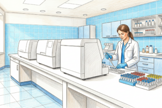 Technician at a row of blank benchtop analyzers in a bright hospital clinical laboratory