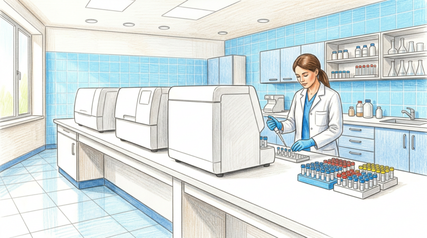 Technician at a row of blank benchtop analyzers in a bright hospital clinical laboratory