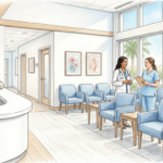 Empty waiting room of a bright Florida dermatology clinic