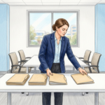 Security analyst arranging plain folders on a table in a bright hospital IT office