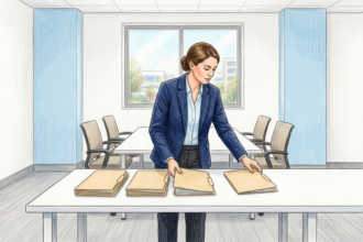 Security analyst arranging plain folders on a table in a bright hospital IT office