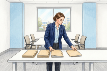 Security analyst arranging plain folders on a table in a bright hospital IT office