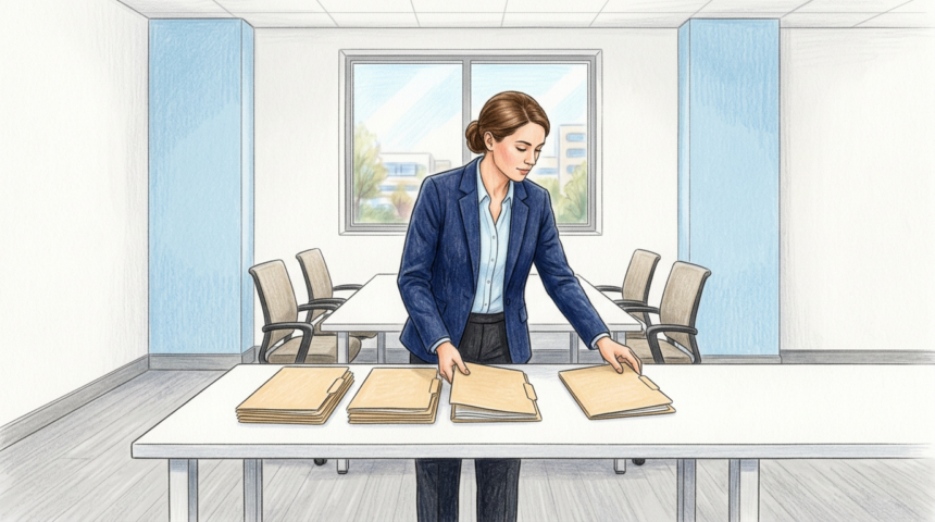Security analyst arranging plain folders on a table in a bright hospital IT office