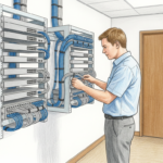 IT technician checking cabling in a clean hospital network equipment closet