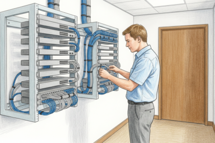 IT technician checking cabling in a clean hospital network equipment closet