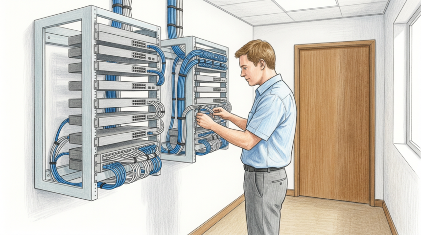 IT technician checking cabling in a clean hospital network equipment closet
