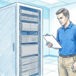 Colored pencil illustration of a technician with a clipboard beside a plain gray server rack in a hospital IT room