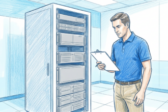 Colored pencil illustration of a technician with a clipboard beside a plain gray server rack in a hospital IT room