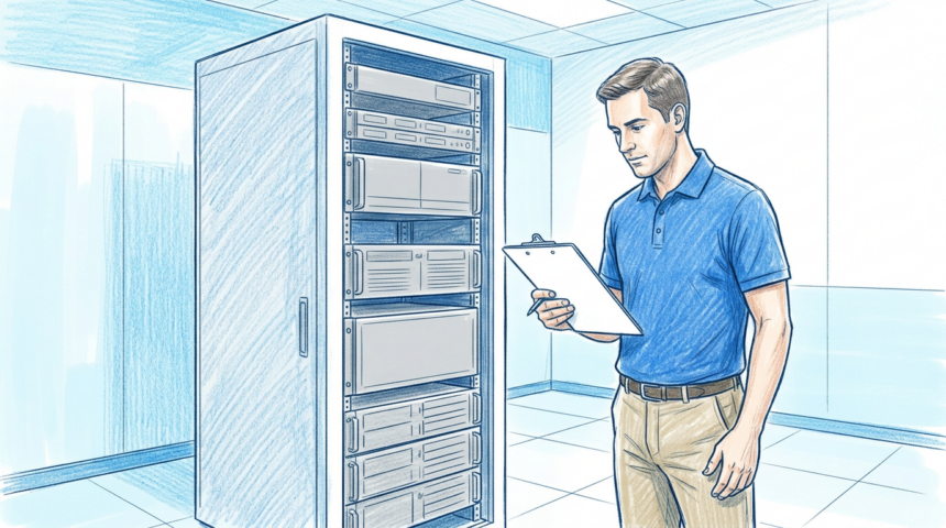 Colored pencil illustration of a technician with a clipboard beside a plain gray server rack in a hospital IT room