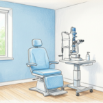 Colored pencil illustration of an ophthalmology exam room with a plain exam chair and a slit lamp on a stand against a soft blue wall