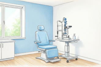 Colored pencil illustration of an ophthalmology exam room with a plain exam chair and a slit lamp on a stand against a soft blue wall