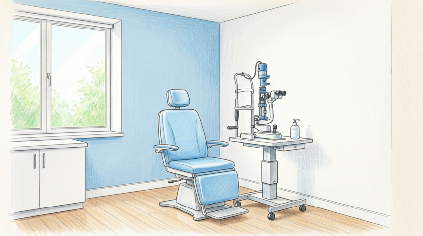 Colored pencil illustration of an ophthalmology exam room with a plain exam chair and a slit lamp on a stand against a soft blue wall