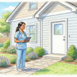 Colored pencil illustration of a home health nurse in blue scrubs standing on the walkway of a suburban house