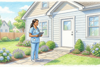 Colored pencil illustration of a home health nurse in blue scrubs standing on the walkway of a suburban house