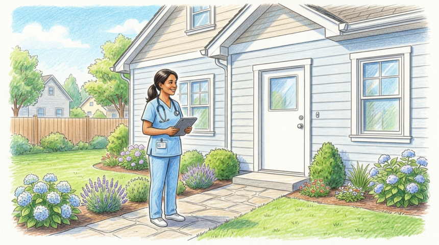 Colored pencil illustration of a home health nurse in blue scrubs standing on the walkway of a suburban house