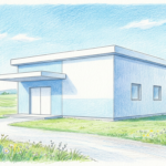 Colored pencil illustration of a small rural hospital building with pale blue walls and a plain white entrance canopy beside open green fields
