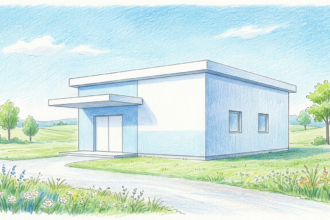 Colored pencil illustration of a small rural hospital building with pale blue walls and a plain white entrance canopy beside open green fields