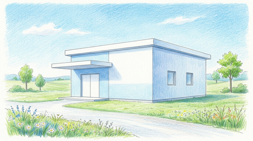 Colored pencil illustration of a small rural hospital building with pale blue walls and a plain white entrance canopy beside open green fields