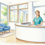 Colored pencil illustration of a bright medical practice reception desk with a receptionist in teal scrubs and blue waiting chairs
