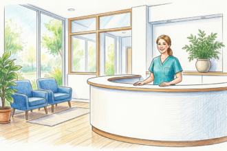 Colored pencil illustration of a bright medical practice reception desk with a receptionist in teal scrubs and blue waiting chairs